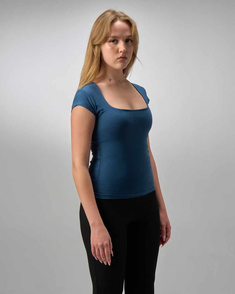 COTTON C-SQUARE NECK- PETROL BLUE